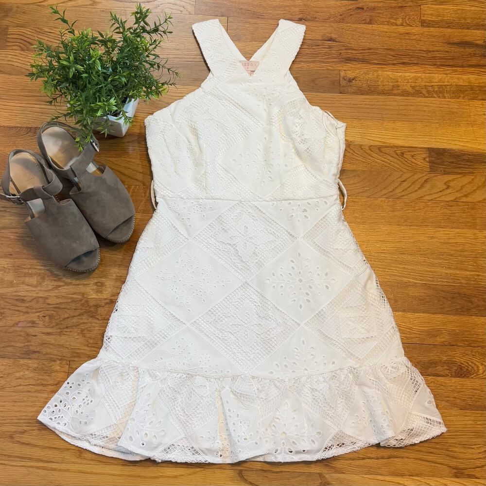 Ciebon Women Medium White Lace Patchwork Floral Criss Cross High Neck Mini Dress